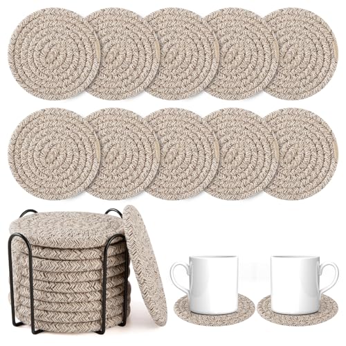 OIAHOMY 10 Pcs Brown Cotton Woven Coasters with Holder, 4.3"