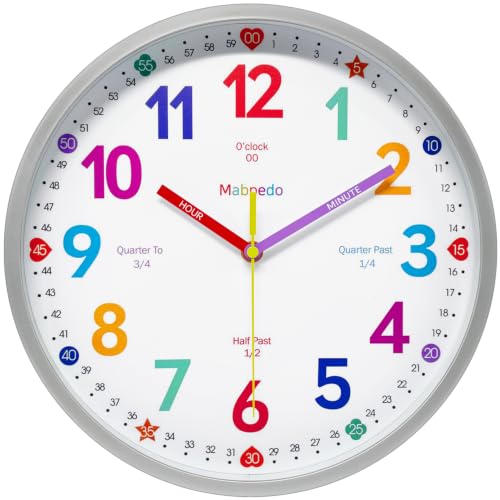 Silver 8-Inch Silent Learning Classroom Wall Clock for Kids - Educational Teacher Clock