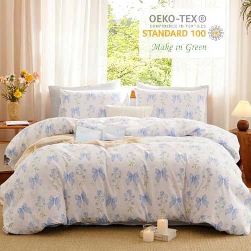 Blue Bow Duvet Cover Set for Kids - Full Size, Floral Design, JFS1379