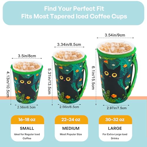 3-Pack Reusable Iced Coffee Sleeves - Insulated Neoprene - Black Cat Design