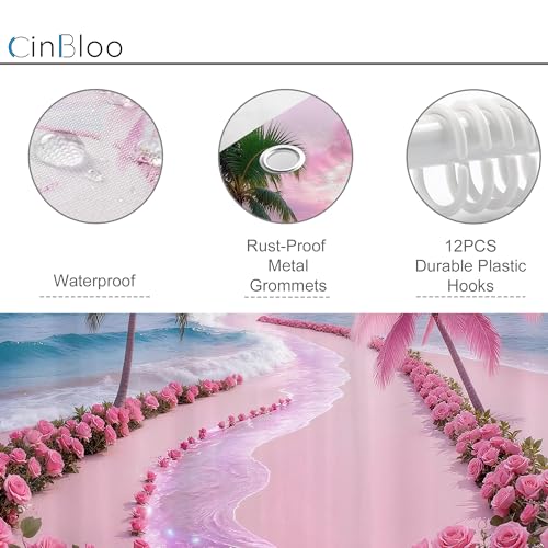 Cinbloo Tropical Beach Shower Curtain Set, Hot Pink Sunset, 60"W x 72"H