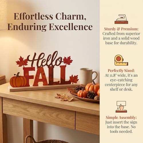 Hello Fall Metal Sign with Wooden Base - Autumn Table Decor
