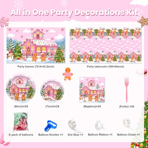 Pink Gingerbread Christmas Party Decorations Kit - Banners, Plates, Balloons & Napkins
