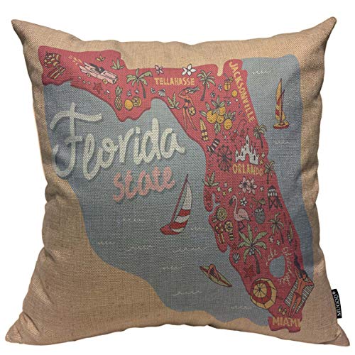 Florida Map Throw Pillow Cover - 18x18 Decorative Cushion Case