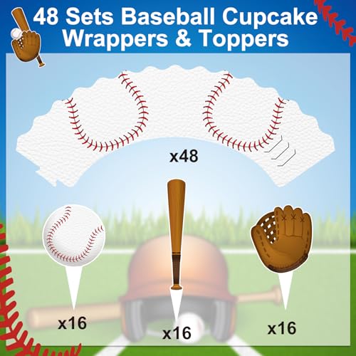 Retro Baseball Cupcake Toppers & Wrappers Set - Party Supplies, 96 Pieces
