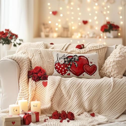 Valentine's Day Red Heart Pillow Cover 12x20 Inch Farmhouse Decor