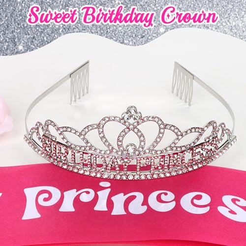 CURASA Birthday Princess Crown and Hot Pink Sash Set for Women