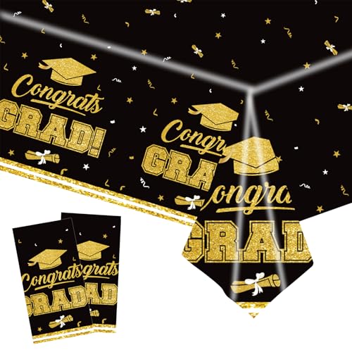 Black & Gold Graduation Tablecloth Set - 2 Pack, 54x108 Inch