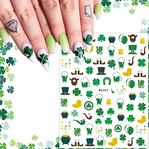 St. Patrick's Day Nail Stickers 3D Shamrock Green Clover Decals, 5 Sheets
