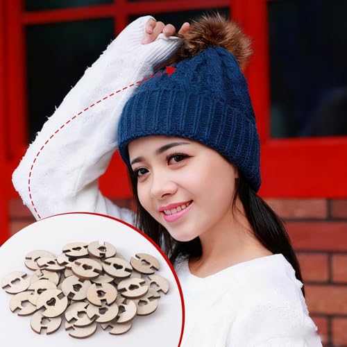 50pcs Wooden Pom Pom Buttons for Knitted Hats & Beanies, 20mm Removable