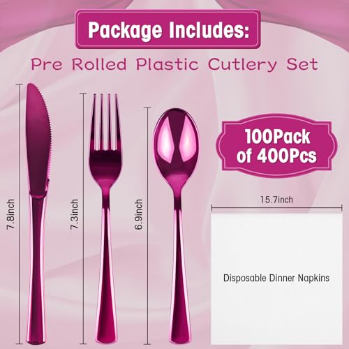100 Pack Hot Pink Plastic Silverware Set with Wrapped Napkins - Pyntop