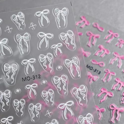 5D Bows Nail Art Stickers & Decals - Pink & White Embossed Bowknot Manicure