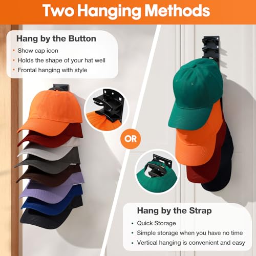 Black Hat Organizer - 2 Pack Wall Rack for Baseball Caps, Holds 16 Hats