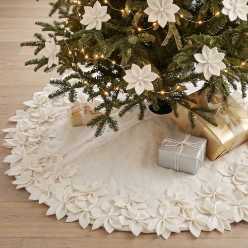 Foilswirl 36 Inch White Christmas Tree Skirt with Poinsettia Pearl Edge - Holiday Decor