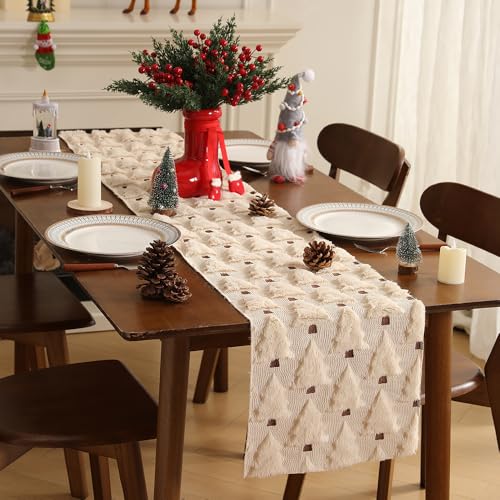 Beige Christmas Tree Table Runner 13x72 Inch Faux Fur Jacquard Seasonal Decor