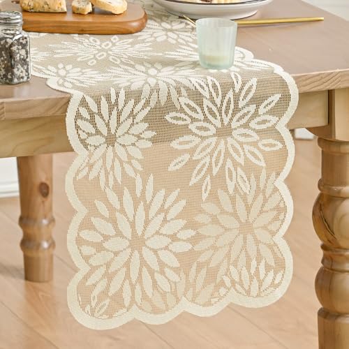 Artoid Mode Lace Jacquard Dahlia Spring Table Runner 13x72 Inch Beige