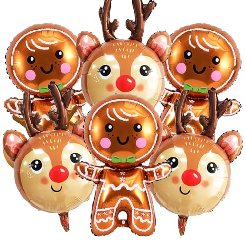 Reindeer Christmas Balloon Decorations - 6pcs Gingerbread & Reindeer Foil Balloons