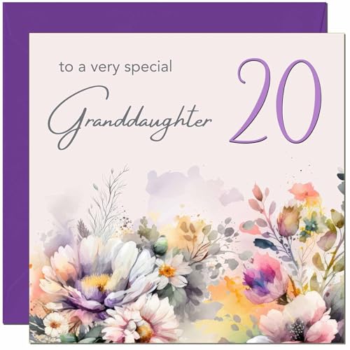 20th Birthday Card for Granddaughter - Purple Floral Design