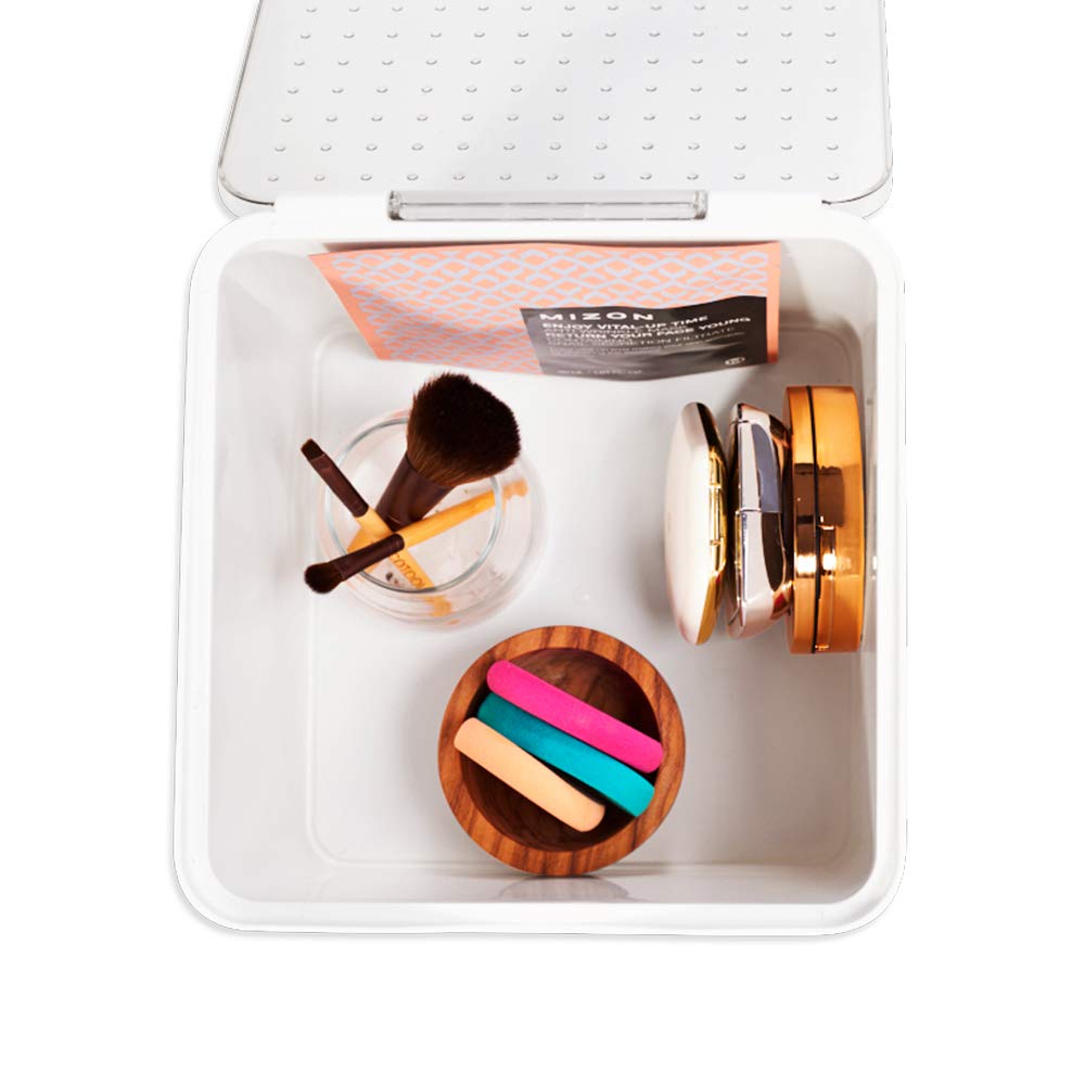 madesmart Small Stacking Lid Bin, Clear-Lid Organizer for Makeup, Cotton Balls, Hair Accessories & Bathroom Essentials, Stackable Storage Bin, White