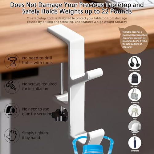 CaLeQi 1 Pcs Double Hook White Desk Mount Bag Holder Clamp - Versatile Organizer