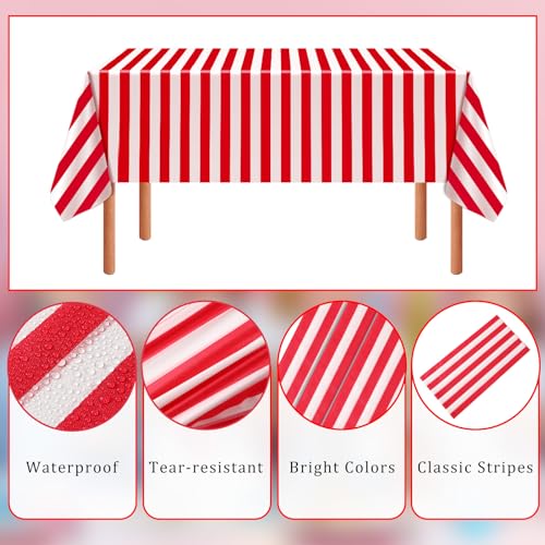 NOVWANG Carnival Tablecloth - Red and White Stripe Plastic Cover, 4 Pack