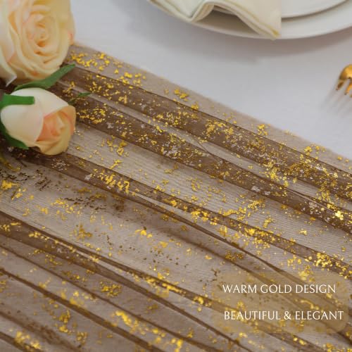 Snowkingdom 3-Piece 10Ft Gold Gauze Sheer Table Runner - Coffee Gold