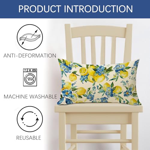 Lemon Floral Throw Pillow Cover 12 x 20 - Cotton Linen