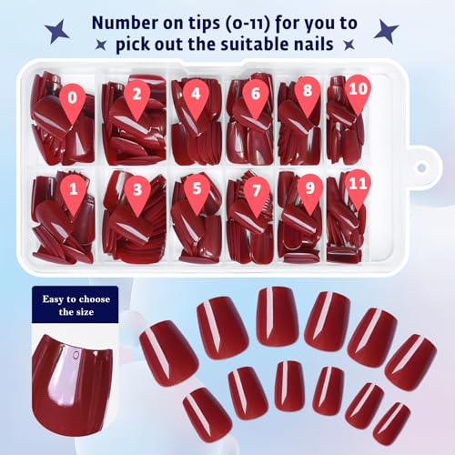 Short Press on Nails Burgundy Coffin Glossy False Nails 240pcs
