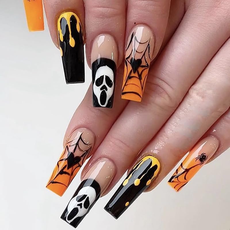 Halloween Press on Nails Long Square Horror Ghost Spider Web Fake Nails