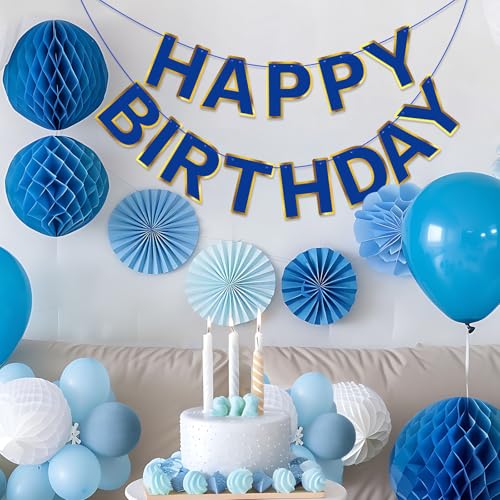 Navy Blue Happy Birthday Banner with Golden Border - 13 Flags