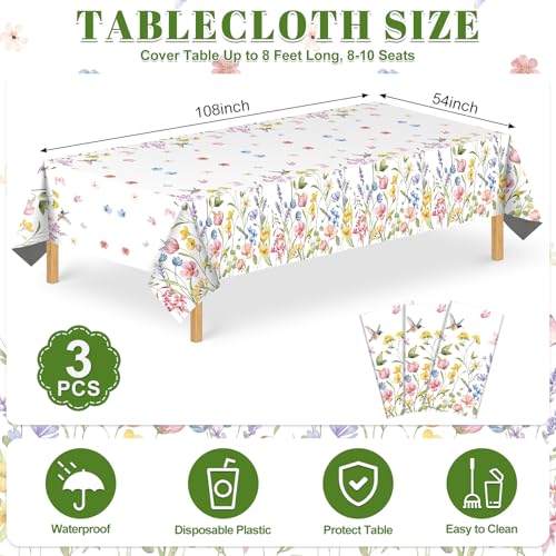 NatNarr Wildflower Disposable Plastic Tablecloths, 3 Pack 54x108 Inch