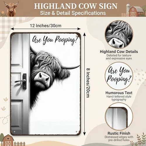 Funny Highland Cow Tin Sign - Are You Pooping? 8x12 Inch Bathroom Decor