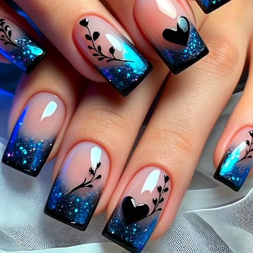 LYLYNB Blue Gradient French Tip Press on Nails Glossy Square Fake Nails with Heart Leaf Pattern
