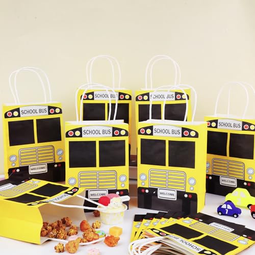 12 Pack School Bus Party Favor Bags with Handles - Kids Treat Bags