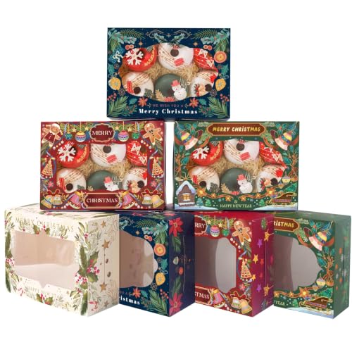 Bakepacker Christmas Retro Bakery Boxes with Window, 48 pcs, 6x8x2.7 Inches