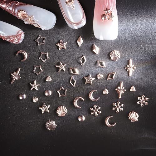 BUNNIEBEAUTY Rose Gold Nail Charms Kit with Star and Moon Shapes, Tweezers, and Pick-Up Pencil