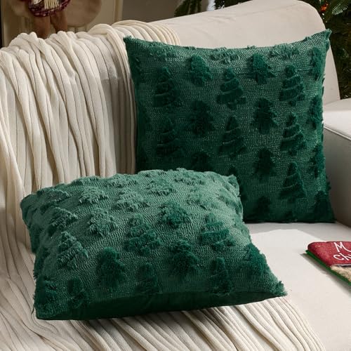 Christmas Tree Faux Fur Pillow Covers Set of 2 18x18 Dark Green Winter Decor