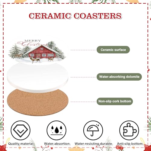 Christmas Ceramic Coasters Set with Holder - Watercolor Farmhouse Holiday Drink Mats