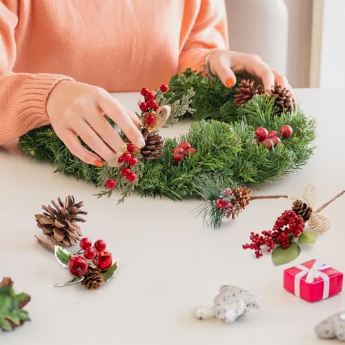 Artificial Christmas Berry Picks Set - 15 Assorted Red Berries Pinecones & Foliage, 5-10 Inches, Holiday Floral Decorations with Variation 5.9in-9in