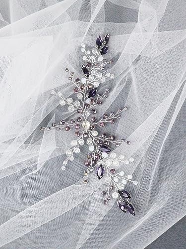 Brihasory Crystal Bridal Headband Handmade Rhinestone Wedding Hair Piece Purple