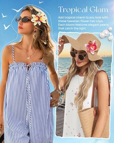 Mesovor 3-Pack Hawaiian Orchid Flower Hair Clips with Pearls for Beach & Wedding