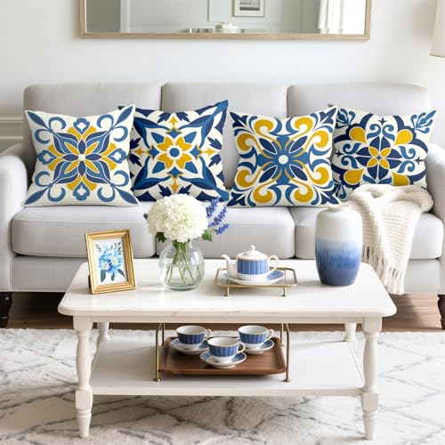 Blue Mediterranean Floral Throw Pillow Covers Set of 4 - 16"x16" (Boho-03)