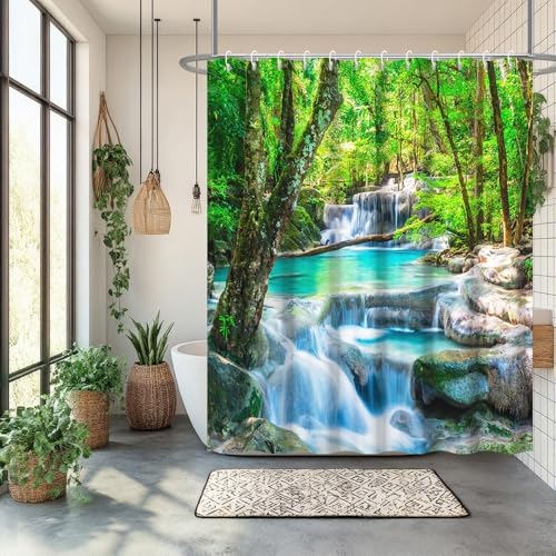 DORCEV Waterfall Forest Shower Curtain - 72x72 Inch Nature Landscape Print