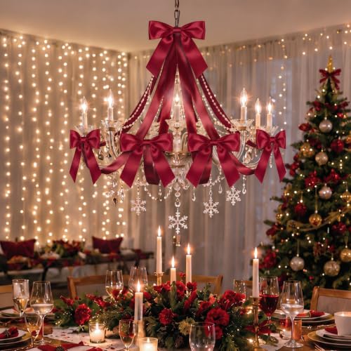 Christmas Chandelier Bow Decorations Set - Burgundy Satin Cascade