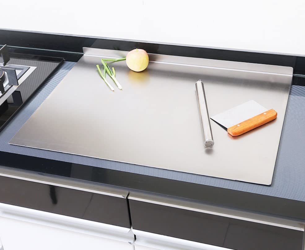 MYOYAY Stainless Steel Cutting Board with Lip, Extra Large Chopping Board 31.5 x 19.69 Inch Heavy Cutting Board with Rolling Pin Baking Board Kitchen Pastry Board For Meat Vegetables cake