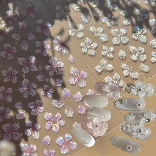 5D Embossed Flower Nail Art Stickers - 4 Sheets Spring Floral Decals
