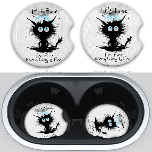 I'm Fine Cat Car Cup Holders 2 Pack - Universal Anti Slip Rubber Coasters