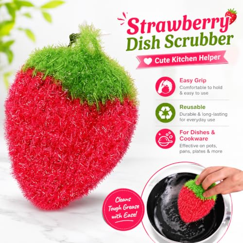 Rose Red Strawberry-Shaped Dish Scrubber - Non-Scratch Reusable Kitchen Cleaning Tool