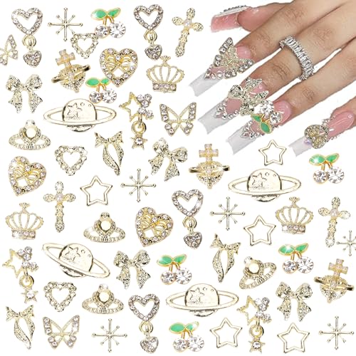 COOSLIM 45PCS Gold Y2k Nail Charms 3D Rhinestone Bow Butterfly Gems