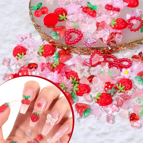 Vin Beauty 100pcs 3D Mixed Resin Nail Charms Strawberry Flower Bow
